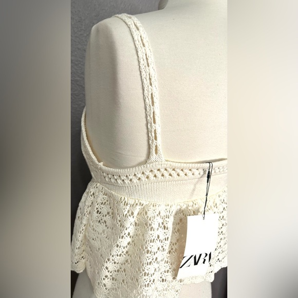 ZARA Crochet Crop Top Size Small Ivory Boho Stretch Knit Tank Top Women's, NWT - Picture 8 of 10